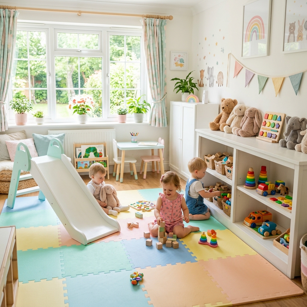 Clean and engaging indoor play area filled with soft toys and safety mats