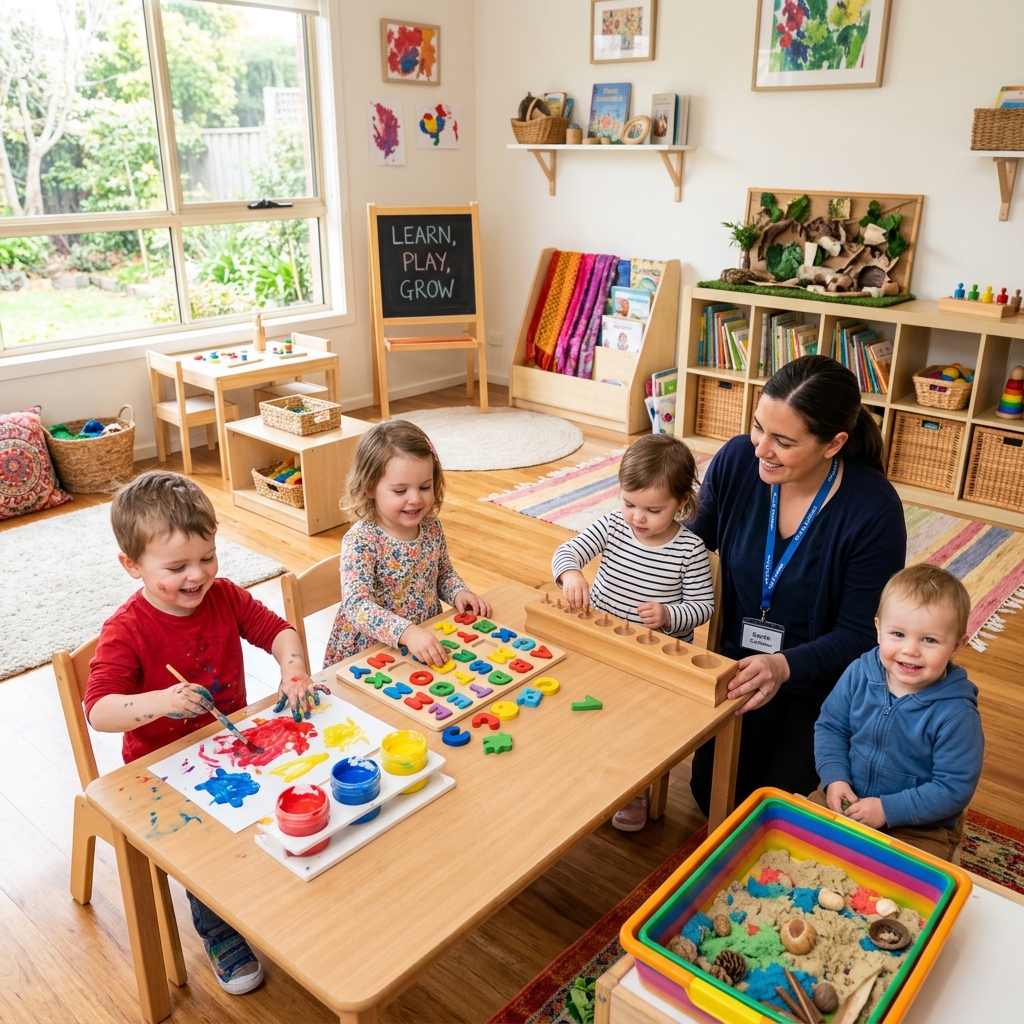 Educational learning area with books, puzzles, and sensory play tables